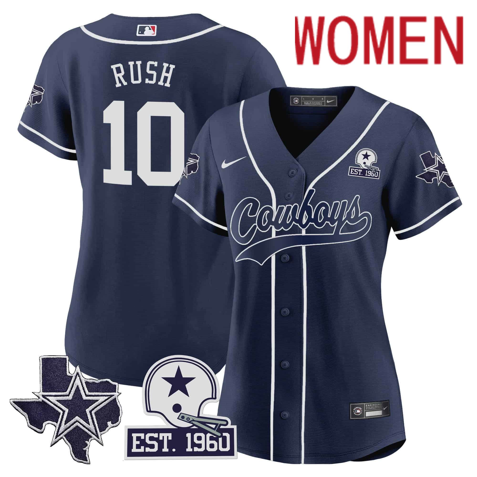 Women Dallas Cowboys #10 Rush Dark blue 2024 Nike Patch Baseball NFL Jersey->customized nfl jersey->Custom Jersey
